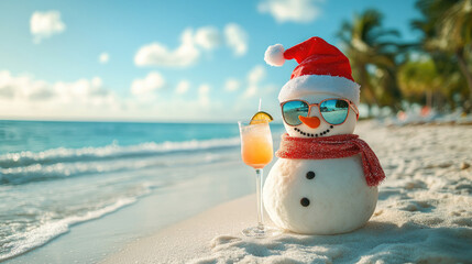 Funny snowman wearing sunglasses and Santa Claus hat enjoying a refreshing cocktail on a beautiful tropical beach during christmas vacation, representing a humorous, relaxing holiday concept. Banner