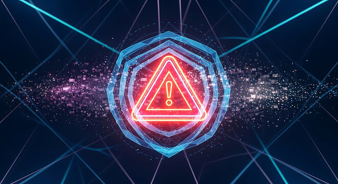 Glowing digital warning alert symbol with neon triangle representing cyber security danger data protection and virtual system defense in a futuristic technology interface design