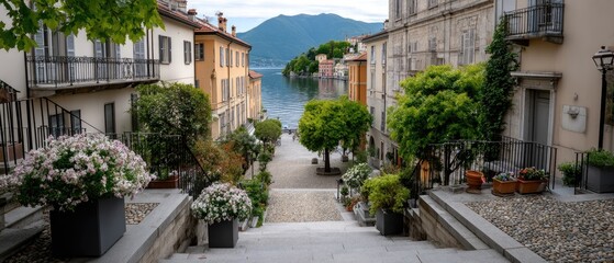 Fototapeta premium Flower-adorned cobblestone stairs lead to serene waters, colorful buildings, and lush greenery, creating a romantic ambiance