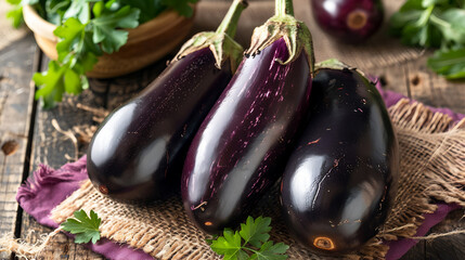 Fresh purple eggplants with parsley on rustic wood table, vibrant healthy produce