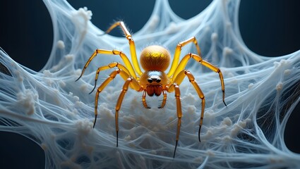 Spider on a web with intricate details and golden hues is captured in a macro shot