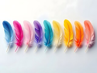Colorful feathers arranged in a row on a white background in a studio setting view 90