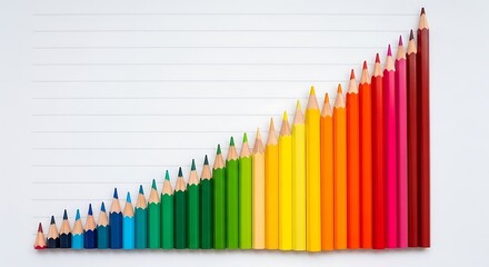 Colored pencils arranged in a rising bar graph on white background