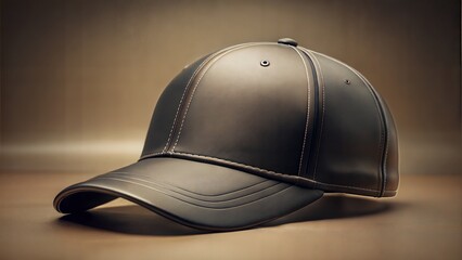 Obraz premium Dark Leather Baseball Cap with White Stitching headwear.