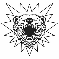 Minimilist illustration of a roaring bear head with sharp teeth and a spiky outline in black and white style vector