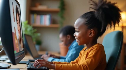 Flat Cute African girl participates in distance learning via virtual online class video conference call with teacher tutor and peers studying together at home on computer concept as Cute African girl  - Powered by Adobe