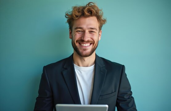 Smiling young man in suit holds tablet. Energetic, enthusiastic individual with good vibes presents idea, app. Tech innovation, digital lifestyle, motivation, inspiration, engagement. - Powered by Adobe