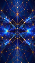 Abstract geometric pattern with blue and gold lines and glowing points design art