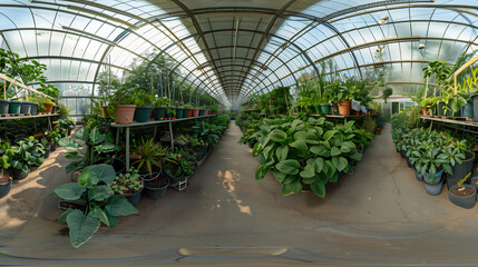 Lush greenhouse aisle filled with vibrant plants and sunlight creating a natural oasis