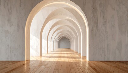 A spacious interior hallway with numerous arched openings, bathed in natural light, showcasing a minimalist design.