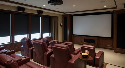 Fototapeta premium Luxurious Home Theater - Plush Seating, Large Screen, and Ambient Lighting for Immersive Entertainment.