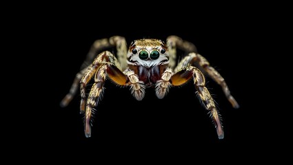 Close up of a jumping spider with green eyes on a black background looking at camera