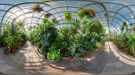 Lush greenhouse brimming with vibrant exotic plants under natural sunlight