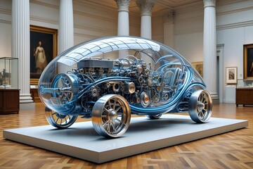 Futuristic transparent car on display in a museum with classic paintings