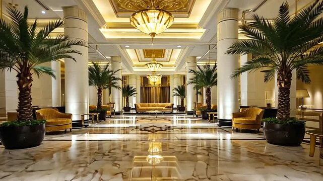 Palatial Lobby with Palms, Interior Decor, columns, for luxury experience