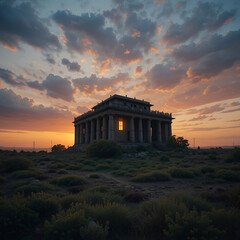 Obraz premium A built structure silhouetted at sunset, showcasing architectural form, golden hues, dramatic sky.