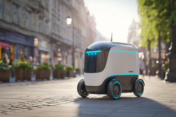 Futuristic city with autonomous delivery mini truck on the road
