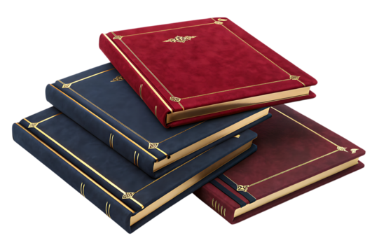 Stack of antique leather bound books with gold tooling on a black background