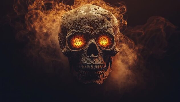 Skull with glowing eyes surrounded by smoke and fog - horror halloween or pirate concept -rolling mist surrounds evil skeleton head - haunted house entry, pulsing eye