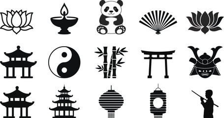 Naklejka premium Collection of Asian cultural icons in black silhouette