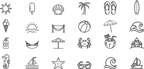 Collection of black line art summer beach icons vacation