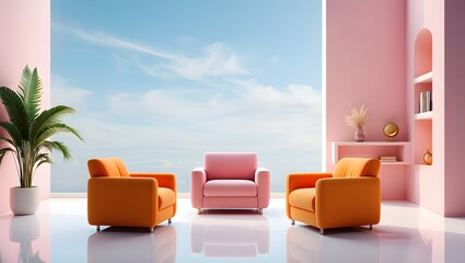 Interior design with armchairs and sky view showcasing modern pastel aesthetics perfectly