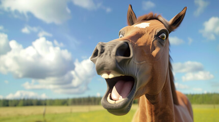 Funny horse with wide open mouth and surprised expression outdoors on sunny day