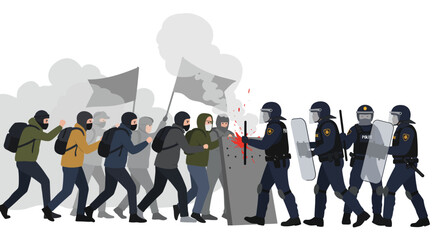 Protesters clash with riot police behind shields and smoke