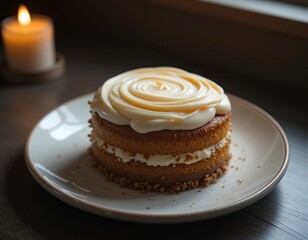 Delicate layered cake with creamy frosting and a lit candle creating a warm, cozy atmosphere.