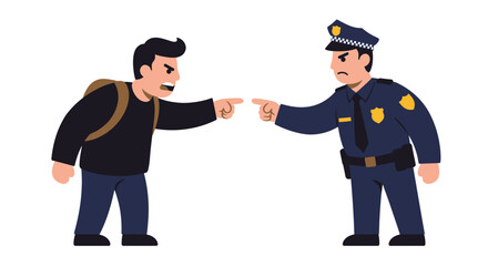 Man and police officer pointing fingers at each other