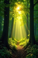 Golden sunlight streams through the leaves of a lush forest, illuminating dappled patterns on the forest floor A tranquil and peaceful scene, perfect for nature-themed projects , outdoor, summer
