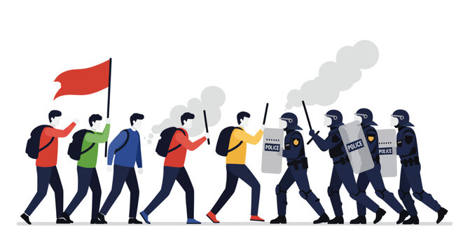 Protestors with a red flag confront riot police with shields and batons