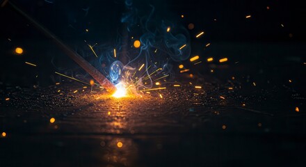 Welding sparks arc through smoky darkness with dramatic contrast and headline space; gritty industrial macro for manufacturing brochures, safety posters, and engineering brand communications.