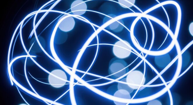 Abstract blue light trails swirling around bokeh circles - Powered by Adobe
