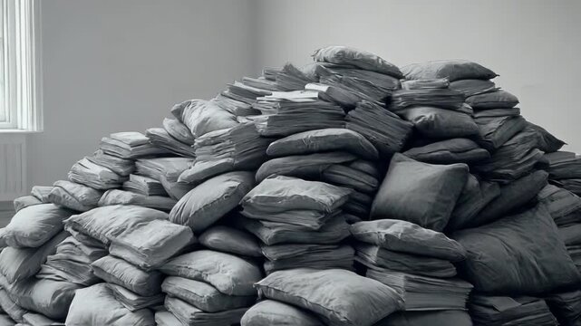 A large, disorganized pile of gray pillows in a minimalist room with soft natural light