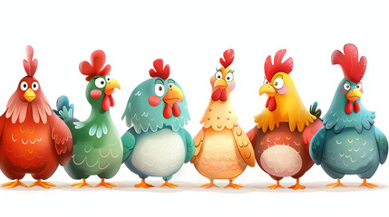 Charming flock of colorful cartoon chickens standing together in a line