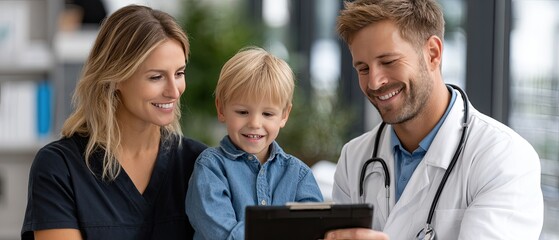 Parents smile at their child as a doctor uses a tablet for friendly consultations in a welcoming clinic