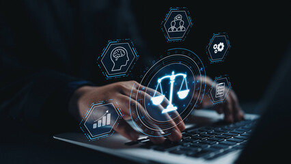 Futuristic digital law interface displaying justice scale, highlighting digital law, AI compliance,...