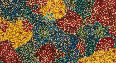 Fototapeta premium Vibrant Floral Batik Fabric Pattern with Dotted Background