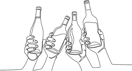 Continuous line drawing of hands toasting with wine bottles art