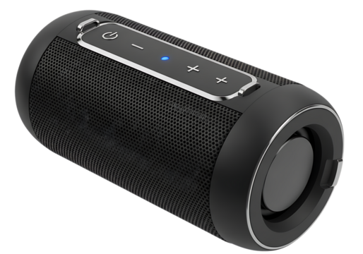 Portable Bluetooth Speaker in Black Color with Silver Trim Isolated on Black