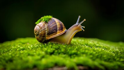 Snail crawling on moss with a green background in the forest on a sunny day nature 90