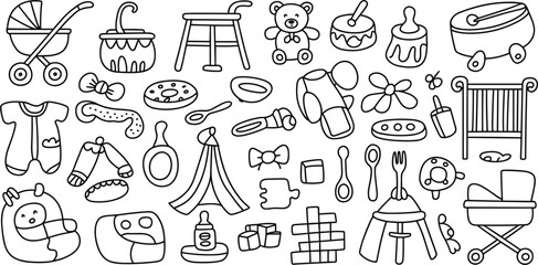Adorable Baby Themed Doodle Icons With Stroller Crib and Clothing drawing cute