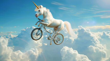 Majestic unicorn soars through fluffy clouds on bicycle fantasy dreamscape design