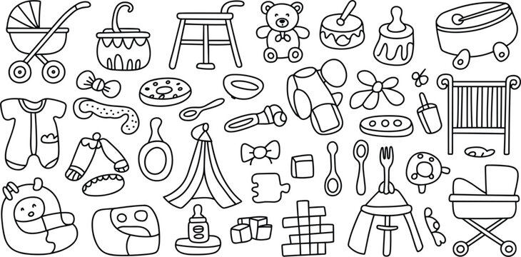 Adorable Baby Themed Doodle Icons With Stroller Crib and Clothing drawing cute