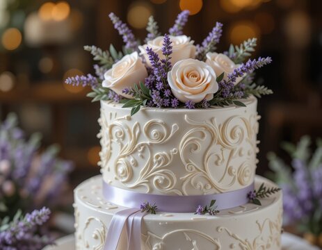 Elegant white wedding cake adorned with delicate roses and lavender, perfect for a romantic celebration. - Powered by Adobe