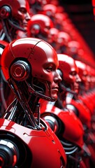A line of red futuristic humanoids with metallic necks and glossy helmets