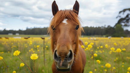Adorable horse portrait in a vibrant wildflower field, exuding rural charm and warmth