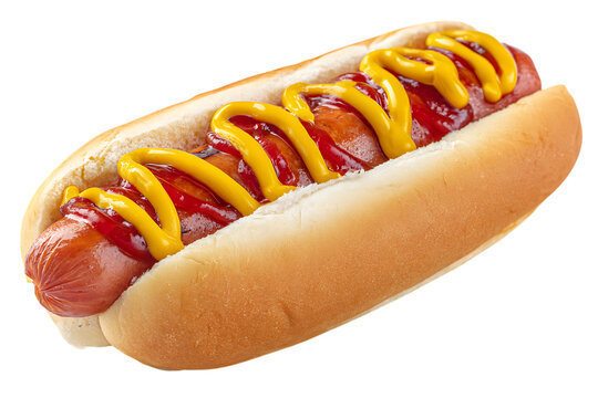 Hot dog with mustard and ketchup - classic fast food on white background. 