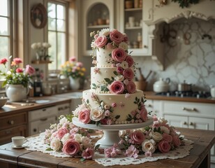 Elegant tiered cake adorned with fresh pink roses and greenery, displayed in a charming rustic kitchen setting.